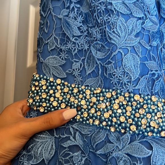 JVN by Jovani Blue V Neck Tulle Prom Ball Gown Lace Floral Appliqués - Picture 7 of 17